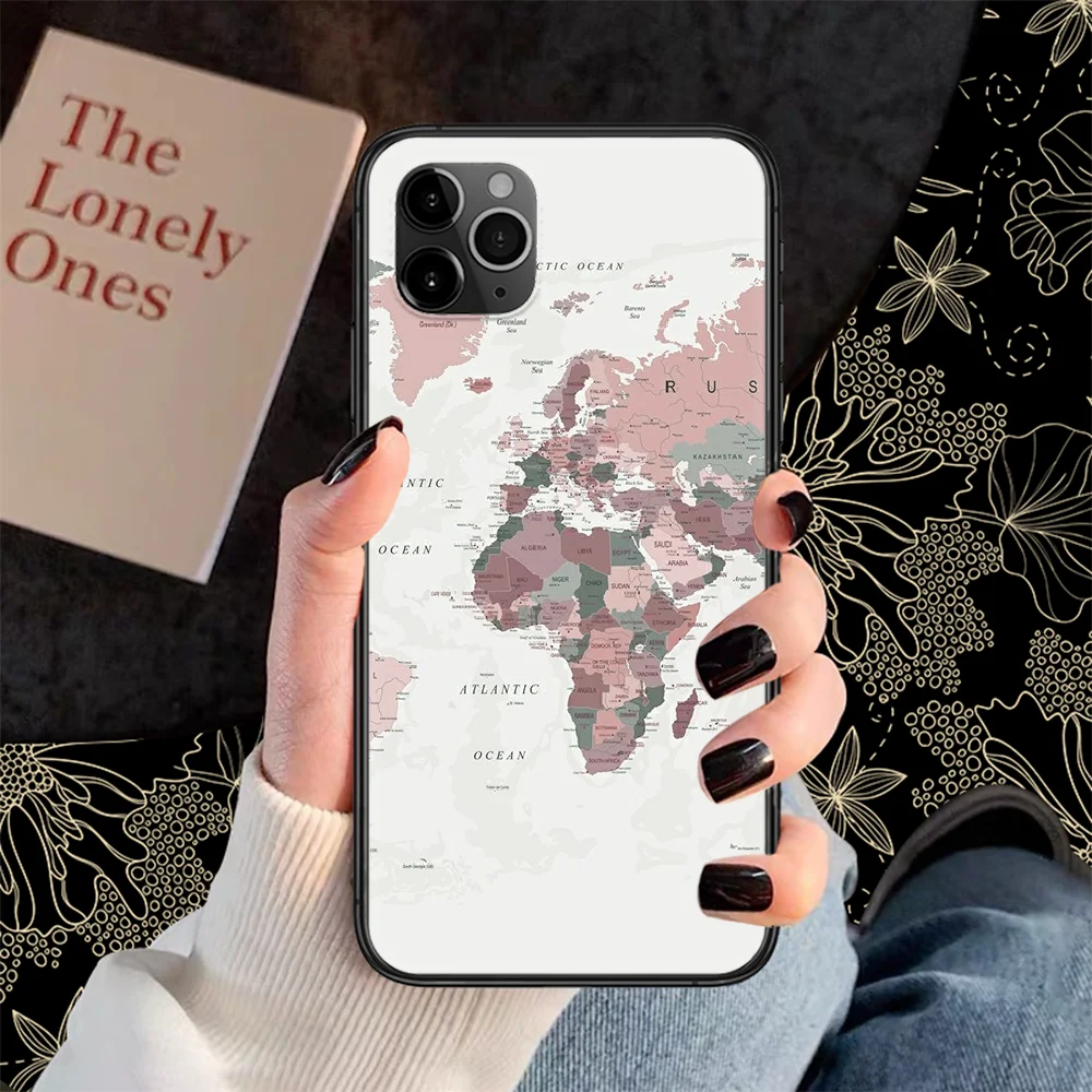 

World Map Travel Phone Case Cover Hull For iphone 5 5s se 2 6 6s 7 8 12 mini plus X XS XR 11 PRO MAX black fashion funda trend