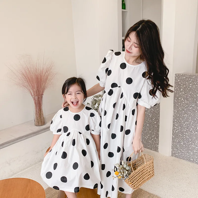

new parent-child wear mother and daughter summer dress girls polka dot cotton skirt little girl western princess dress 2021