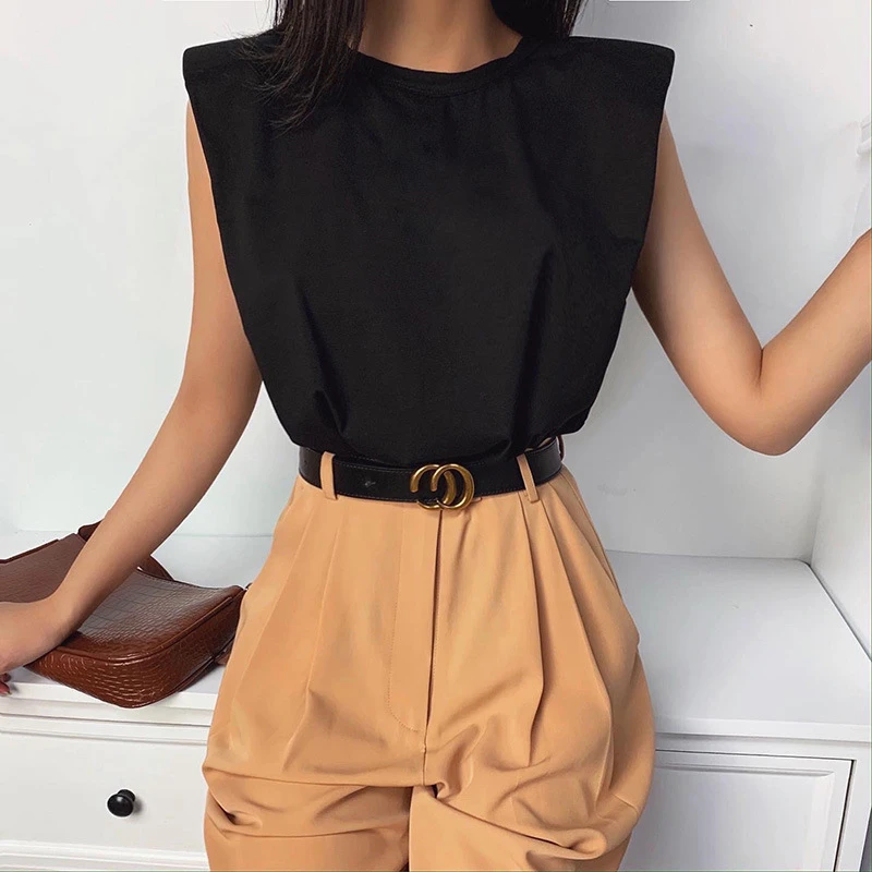 

Summer Sleeveless Top Female O Neck White Women Blouse Shirt Ladies Loose Solid Chic Casual Blouses Cotton Shoulder Pad Shirt
