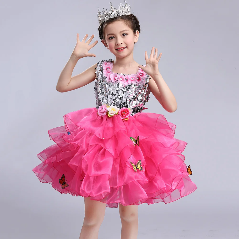 sequin hotpink Пушистый костюм для девочек голубого и желтого цвета; платье для дня рождения; разноцветная юбка-пачка из тюля; нарядное платье с цветочным узором для маленьких девочек; Новинка - Цвет: sequin hotpink