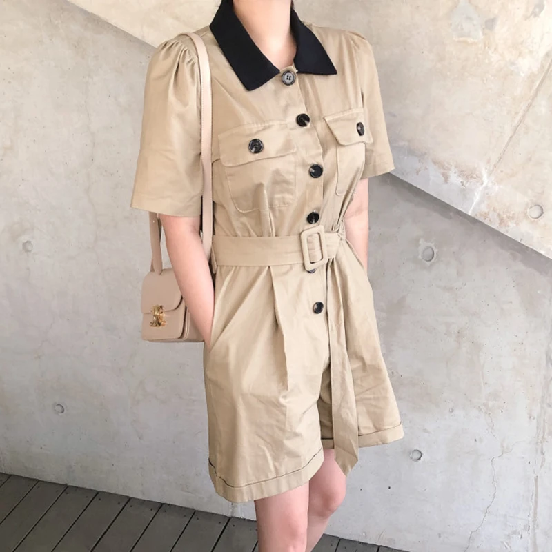 

GALCAUR Loose Playsuit For Women Lapel Collar Short Sleeve Patchwork Pockets Sashes Loose Playsuits Female 2021 Style Clothing