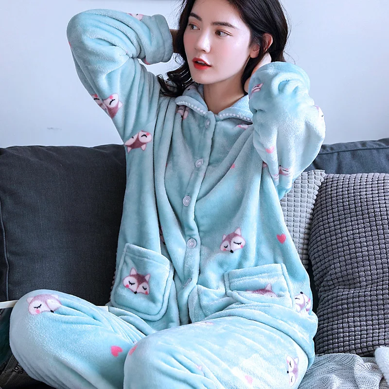 

H5803 Women Pajamas Suit Thickened Coral Fleece Winter Flannel Warm Homewear Female Korean Leisure Soft Long Sleeves Nightwear