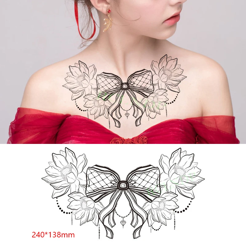 

Waterproof Temporary Tattoo Sticker Bow Lotus Flowers Waist Chest on Back Tatto Breast Flash Tatoo Fake Tattoos for Women