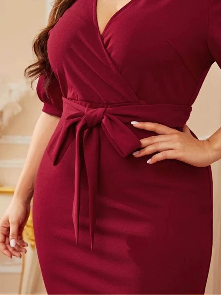 

Plus Size Dreses For Women 3XL 2021 Summer V Neck Lantern Sleeve Slim Bodycon Pencil Dress Red Ladies Work Office Dresses