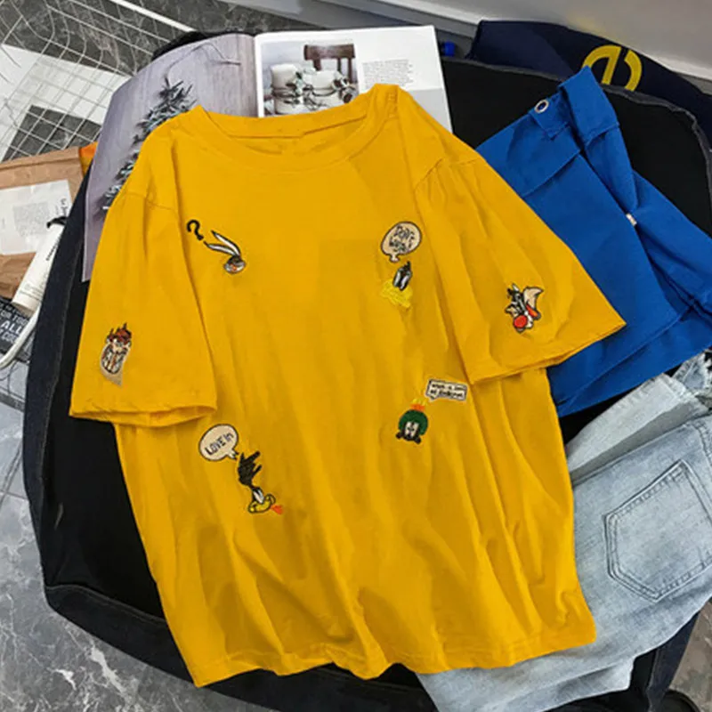 Утолщенная футболка с короткими рукавами и круглым вырезом вышивкой в Корейском