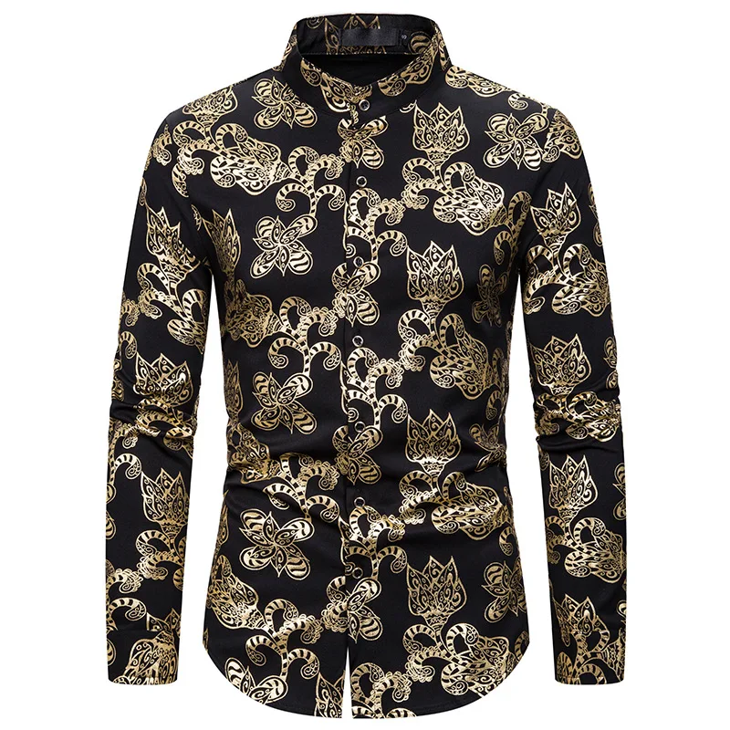 

Vintage Palace Floral Print Shirt Men 2020 Fashion Mandarin Collar Long Sleeve Dress Shirt Mens Wedding Party Prom Shirts Male