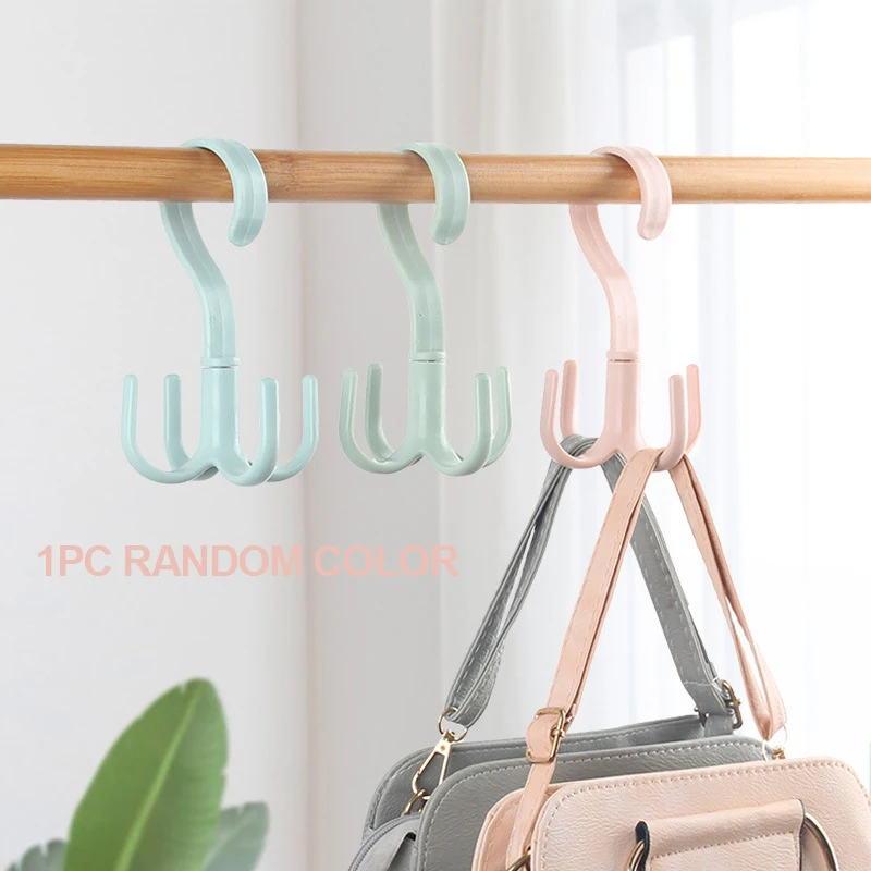 

360 Degrees Rotated 4 Hooks Multi-Function Plastic Hanger Handbag Clothes Portable Holder Shelf Rack Home Storage Organizer Tool