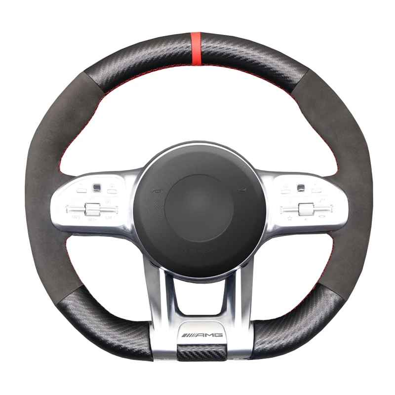 

Black Suede Carbon Fiber Car Steering Wheel Cover For Mercedes-Benz A35 A45 E63 G63 C63 CLA45 CLS53 E53 E63 GLA35 S63 AMG