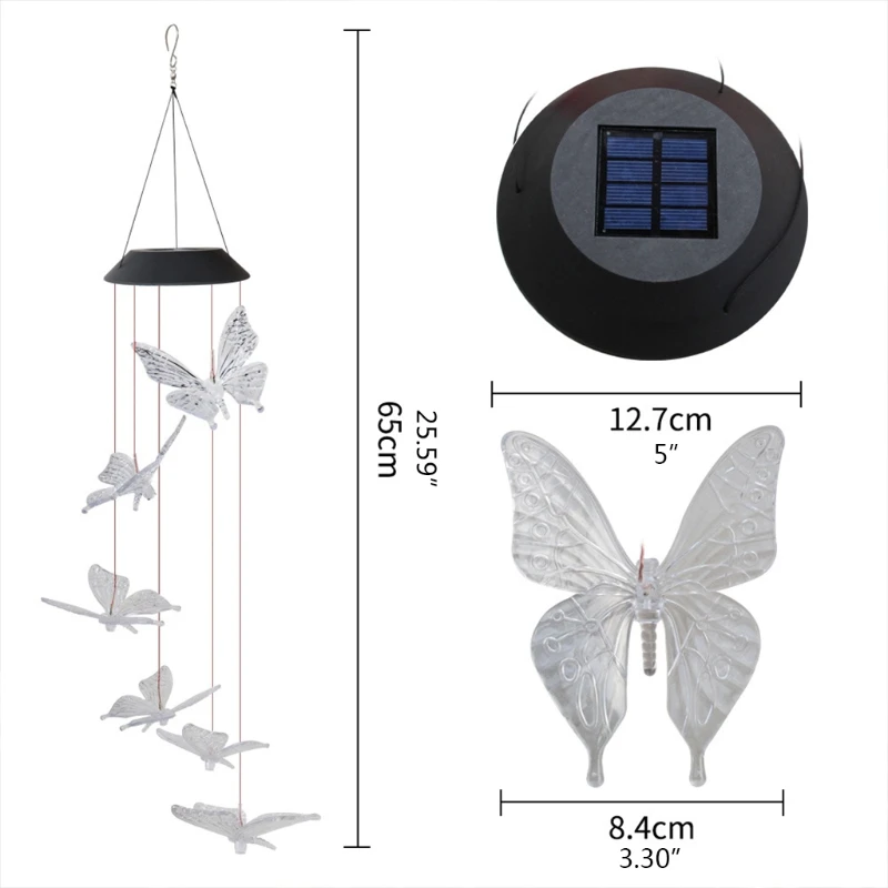 

B2RF Solar Butterfly Wind Chimes Night Light Color Changing Solar Wind Chimes Outdoor