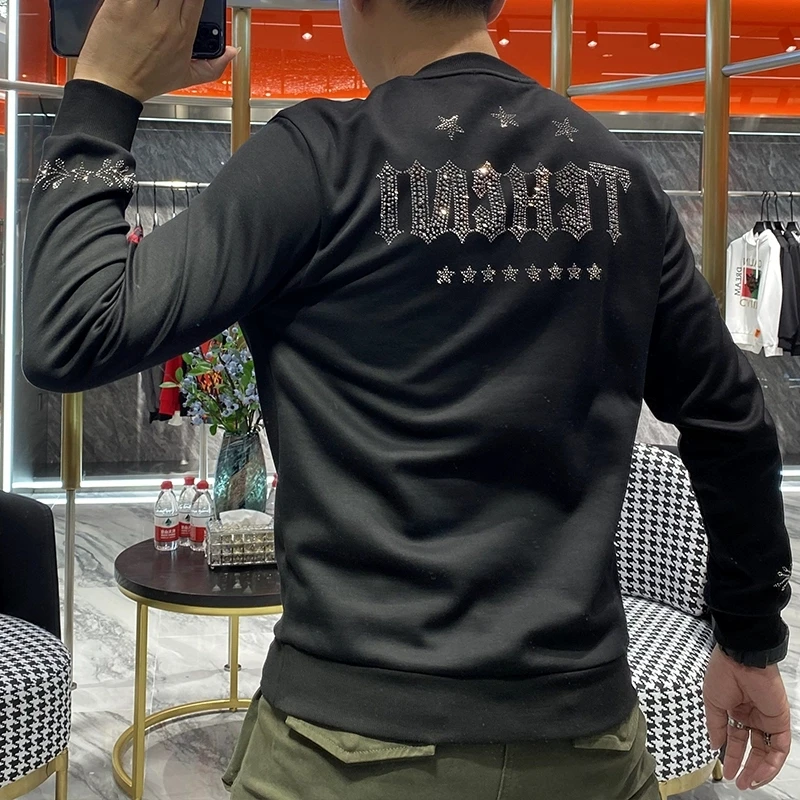 

2021 autumn and winter new best selling hoodie men's high quality heavy industry personality hot drilling round neck slim sweats