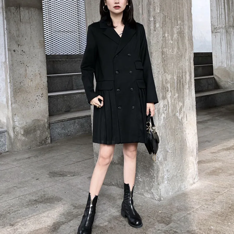 Autumn women's dress casual solid color pocket decoration stitching pleated suit dress|Женские платья| |
