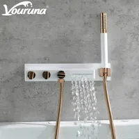 VOURUNA Luxurious Golden&White Wall Mounted Tub Filler Tap Black Waterfall Bathtub Shower Mixer Faucet