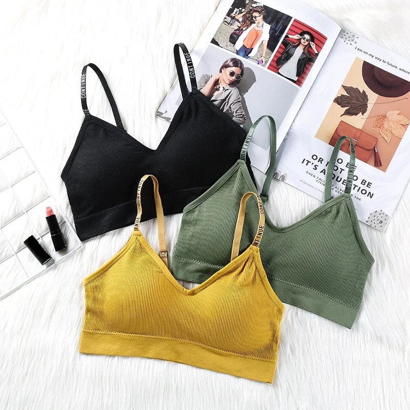 

Solid Color Women Wireless Padded Bras Letter Shoulder Strap Tube Tops Sexy Gather Bras Underwear Intimates Y
