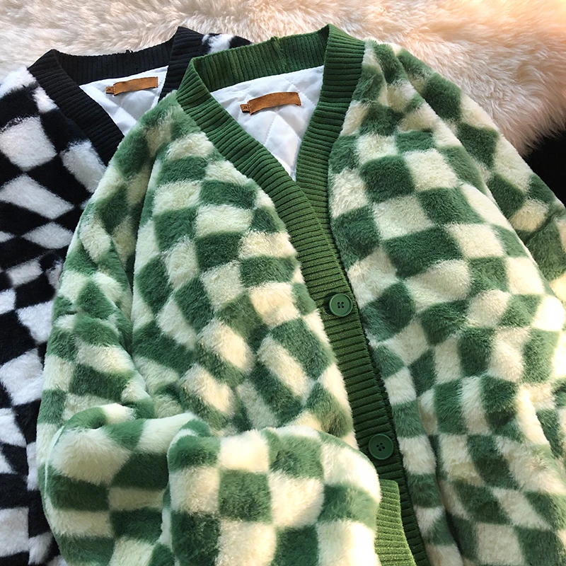 

Women's Jacket Coat Vintage Lingge Furry V-neck Cotton Clothing Women's Loose Thickened Cashmere Winter Chessboard Dropshipping