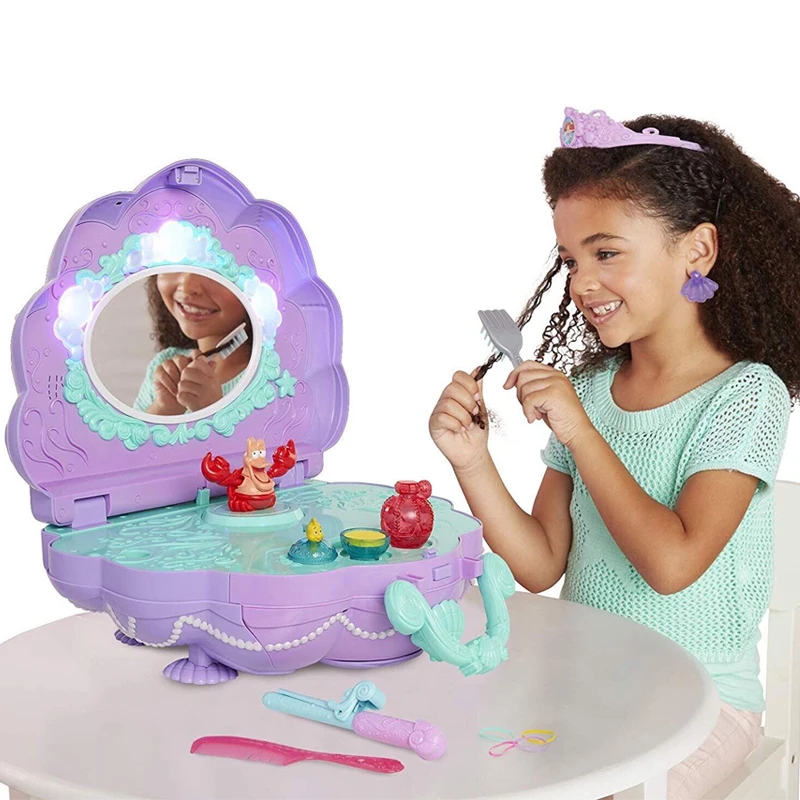 Online Disney Mermaid Shell Kommode Tragbare Spielen Haus Desktop Licht Musik Ariel Make-Up Box Geburtstag Mädchen Spielzeug Geschenk