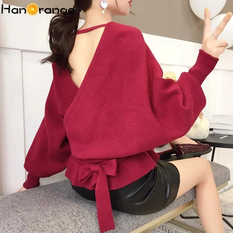 Open Back V-neck Belt Loose Pullover Sweater 2020 Autumn Winter Women Bat Sleeve | Женская одежда