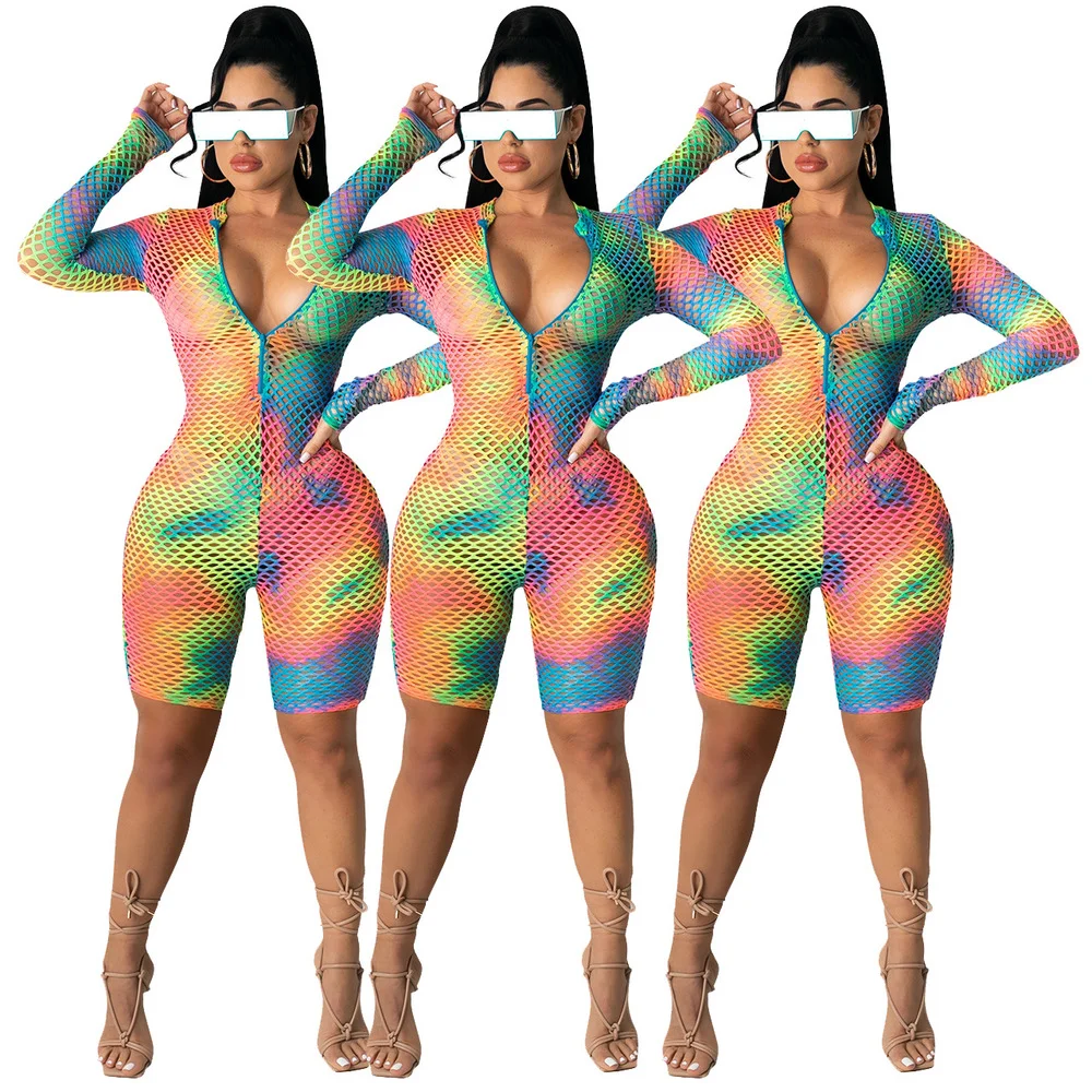 

Rainbow Gradient Skinny Romper Women Jumpsuit Fishnet Hollow Out Long Sleeve Beach Playsuit Summer Zipper Up See Through Outfit
