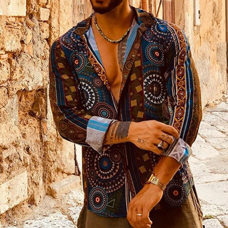 

Casual Long Sleeve Shirt Men Vintage Printed Loose Buttoned Cardigan Autumn Fashion Turn-down Collar Shirts for Mens Streetwear