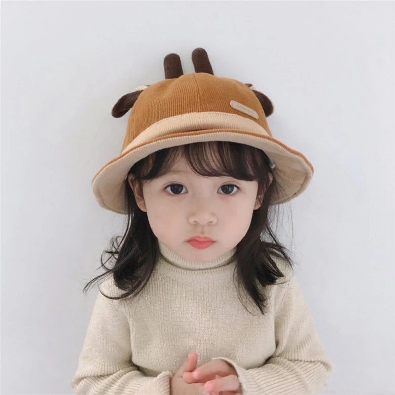

Autumn Baby Hat Boys Girl Toddler Solid Print Bucket Hats Cartoon Ear Design Caps Reversible Sun Headwear