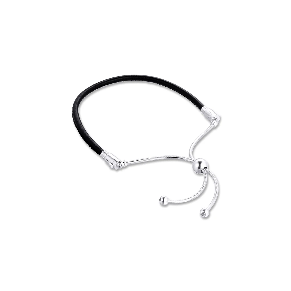 

100% стерлингового серебра 925 пробы ювелирные изделия скользящие черные кожаные браслеты Бесплатная доставка