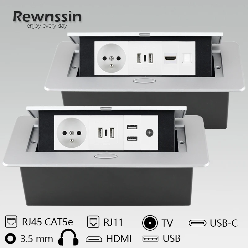 

Rewnssin FR Standard Slow Pop-up Power Socket With TypeC HDMI USB RJ45 RJ11 Free Combination Module,Build You Own Desktop Outlet