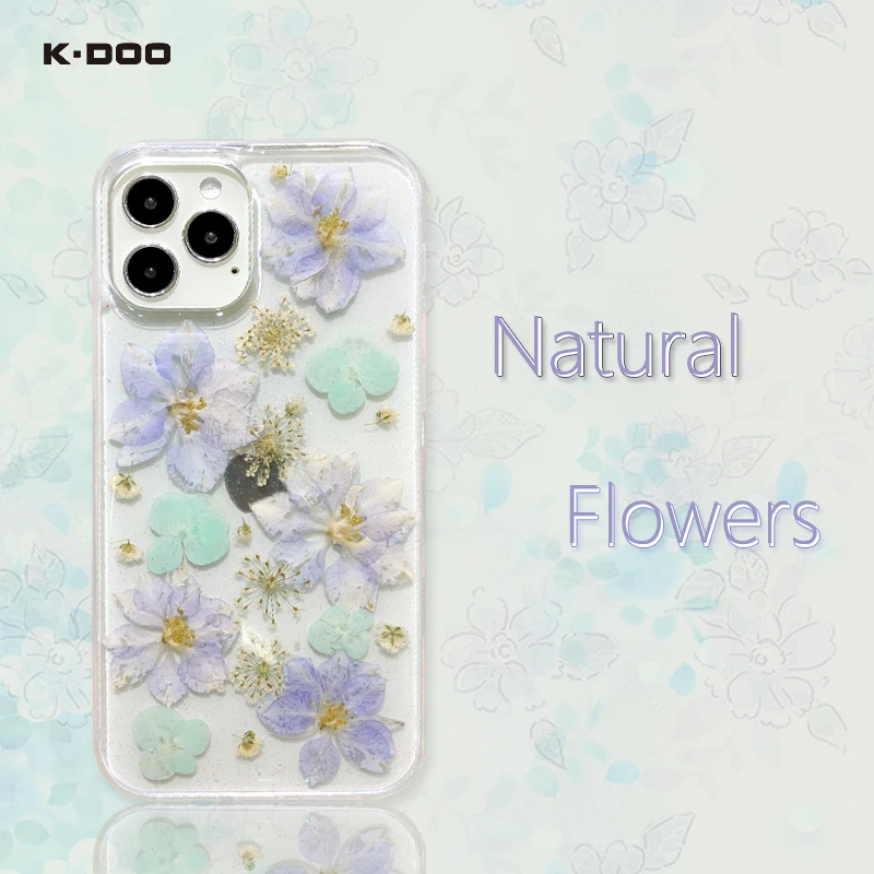 

K-Doo Flowers Natural Dried Flowers Bling Phone Back Cover Shining Real Mobile Clear Case For Iphone12/12pro/12mini/12promax