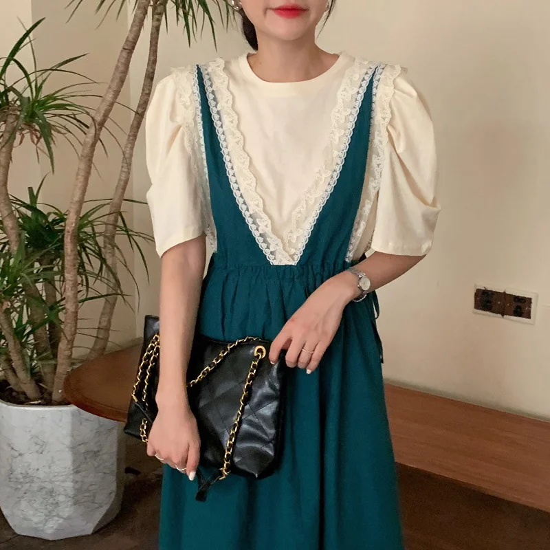 Корейское шикарное платье французское Свободное с круглым вырезом Футболка