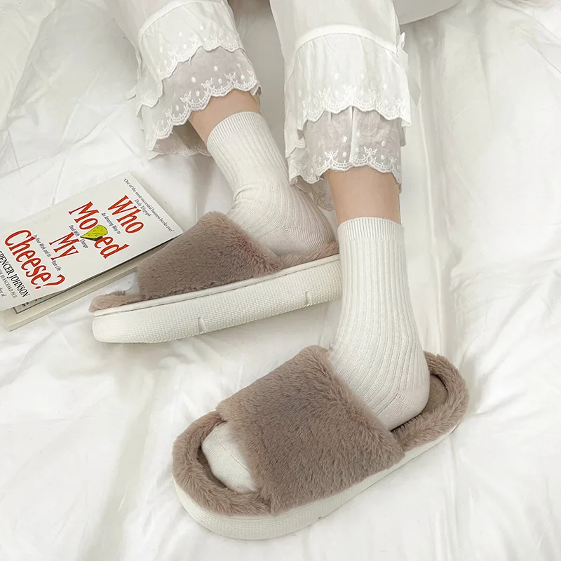 Thick-Soled Solid Color Plush Women's Slippers Summer Wear Ins Tide Net Red Home Indoor Cute Cotton Slippers Autumn And Winter