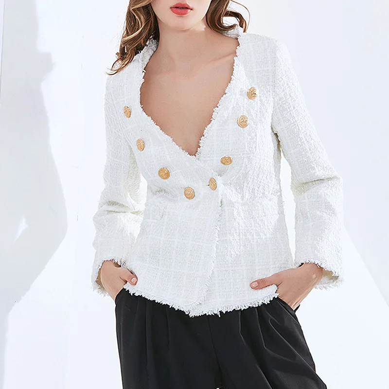 

Women White Plaid Tweed Burr Blazers V-Neck Double Breasted Long Sleeve Office Work Suits Woman Slim Fashion Solid Colors Blazer