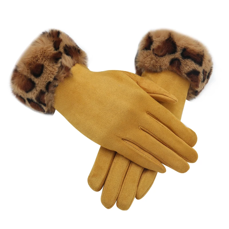 2019 Winter Gloves Women Leopard Rabbit hair suede leather Mittens Warm Soft Female Touch Screen | Аксессуары для одежды