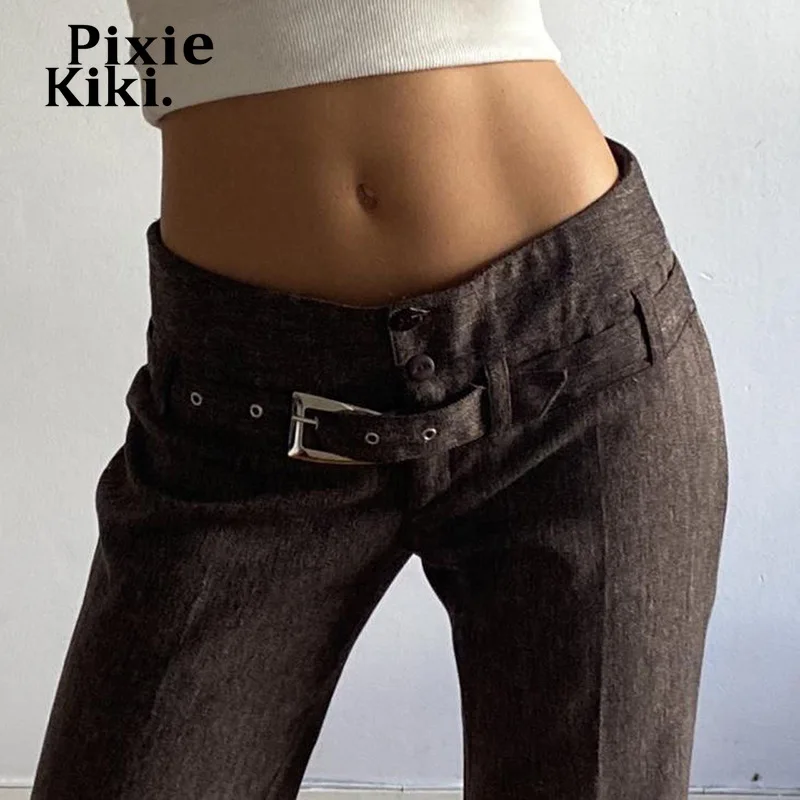 

Брюки PixieKiki Y2k с низкой посадкой и поясом, коричневые винтажные брюки, женская одежда, уличная одежда, повседневные прямые женские брюки