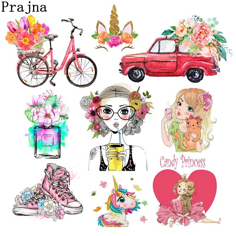 

Cartoon Girl Car Patches Iron-On Transfers For Clothing Stickers Unicorn Heat Thermal Transfer Patches Applique Washiable DIY