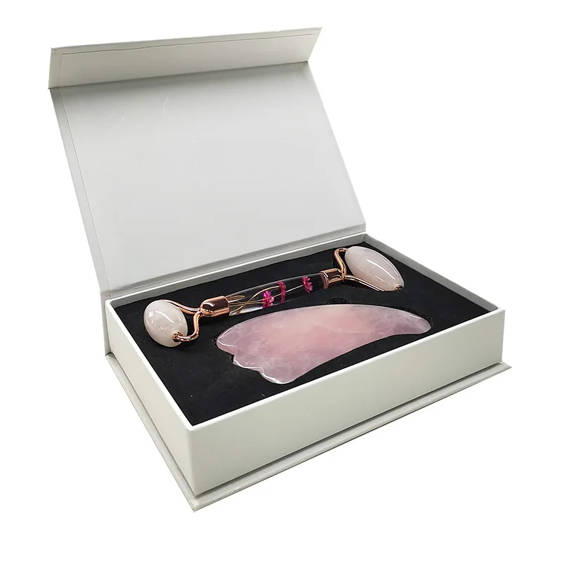 Набор для массажа лица гуашь розовый КВАРЦЕВЫЙ нефритовый ролик и массажер гуаши