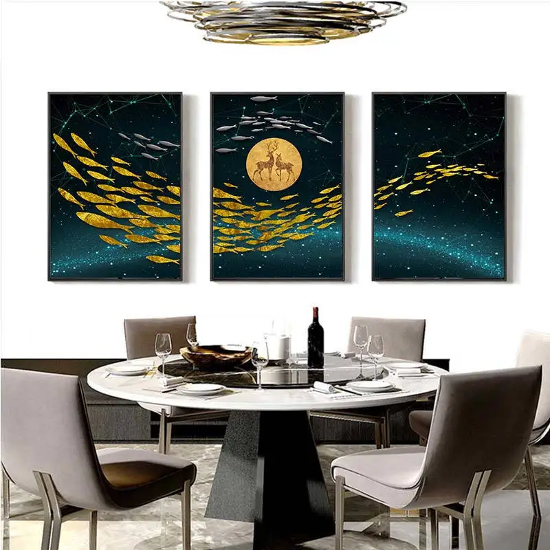 Абстрактный золотой рыбки Луна рисунок оленя на холсте большой синий плакат