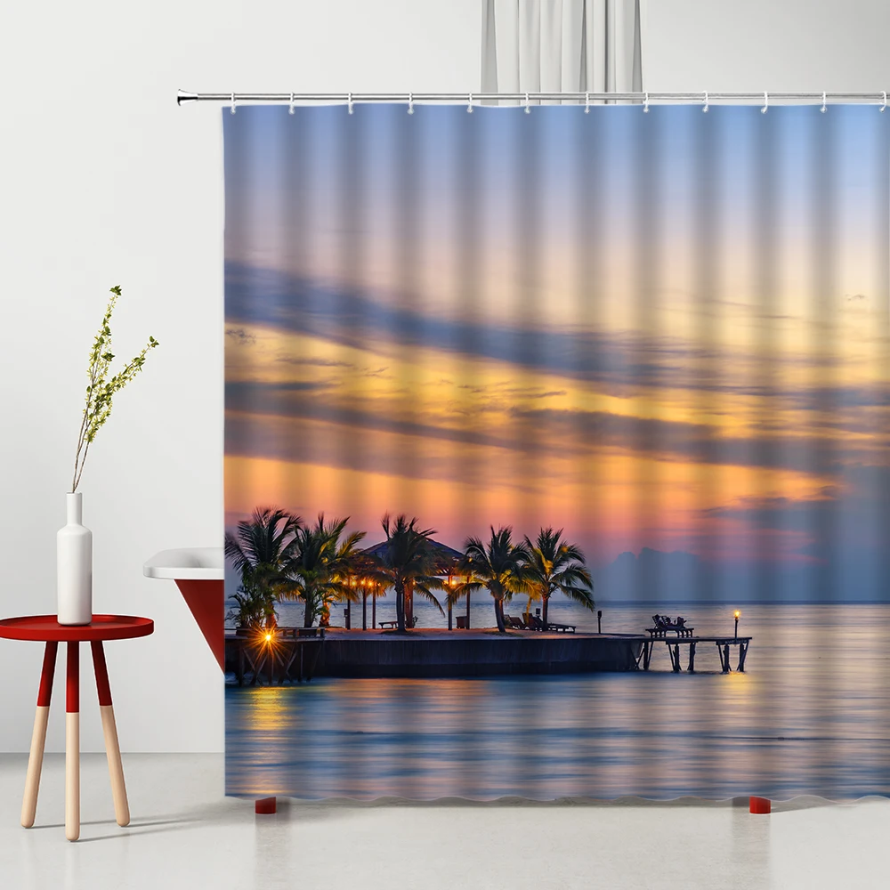 

Creativity Shower Curtain Beach Shell Coconut Tree Green Plants Landscape 3D Printing Waterproof Bathroom Curtain Set With Hooks