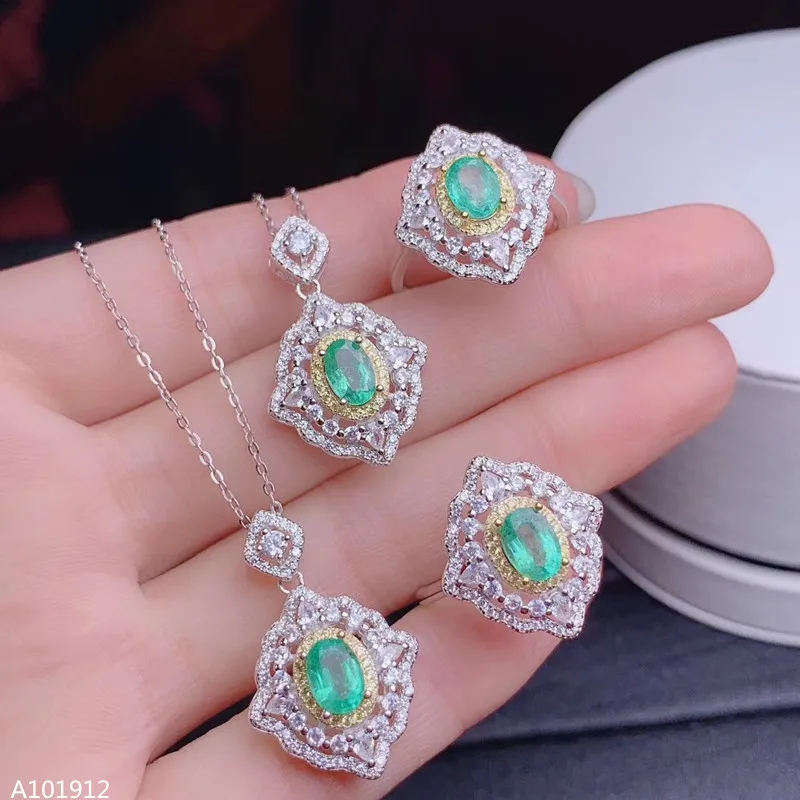 

KJJEAXCMY boutique jewelry 925 sterling silver natural emerald girl ring necklace pendant set of 2 platinum support detection