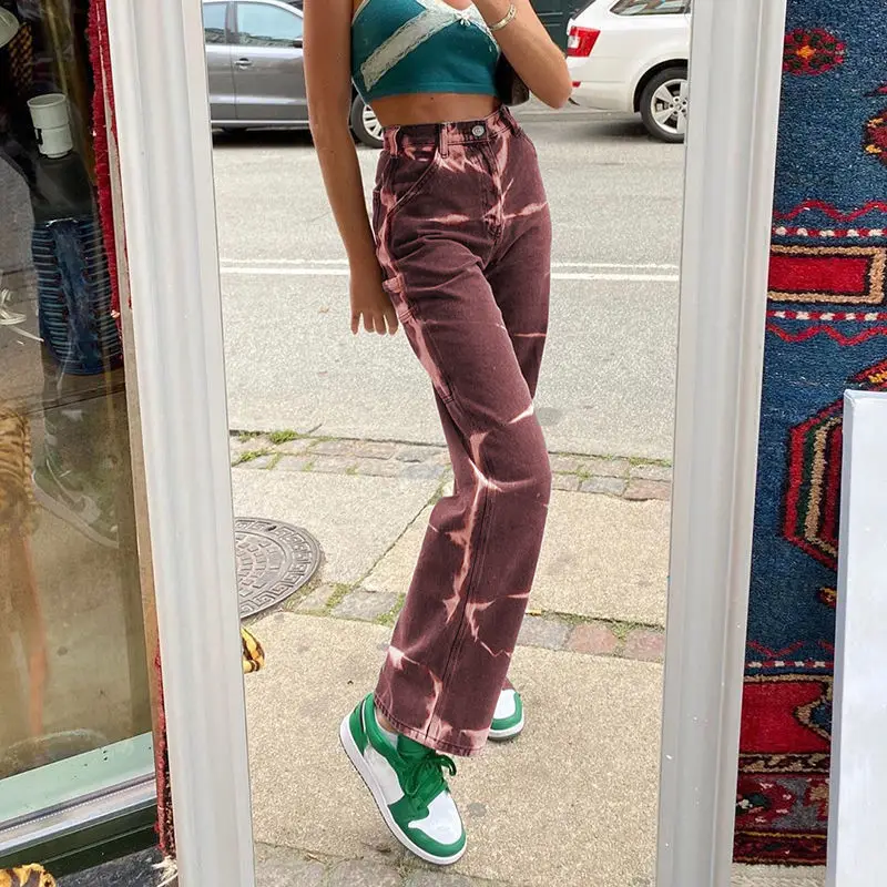 

Women jeans EuropeanStreetwear Style ins retro Y2K brown high waist jeans loose straight trousers tide wild casual sports pants