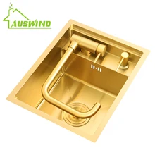 Hidden Brushed Gold Kitchen Sink Single Bowl Bar Small Size Sink Stainless Steel Balcony Sink Concealed Kitchen Sink 35x45 30x45