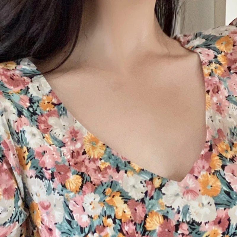 First love floral skirt long closed waist cultivate one's morality show thin chiffon v-neck fairy summer dress | Женская одежда