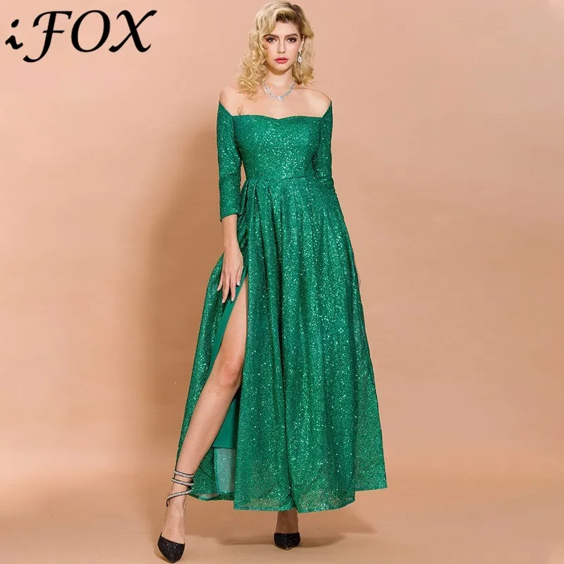 

IFox Women Fashion Slash Neck Long Sleeve Women Dress 2020 Female Gold Elegant Off the Shoulder Dress with High Side Split