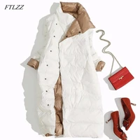 ftlzz plus size 5xl women double sided down long jacket white duck down coat winter double breasted warm parkas snow outwear