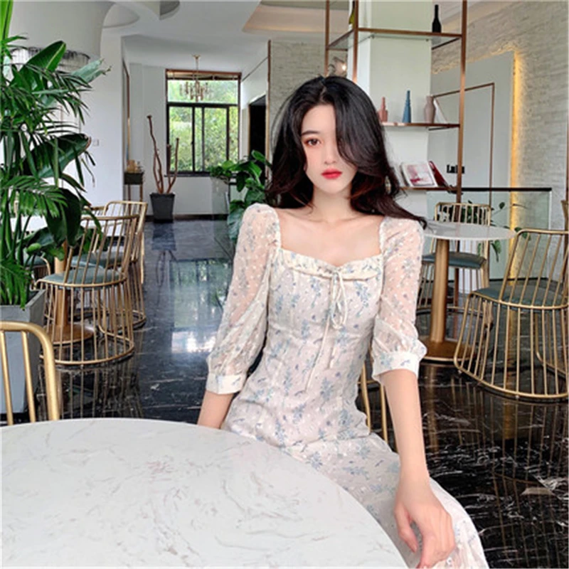 

Summer Dress Retro Women Tie Neck Floral Print Floral Mini Sexy Dress Elegant Puff Sleeve Korean Dresses Y417