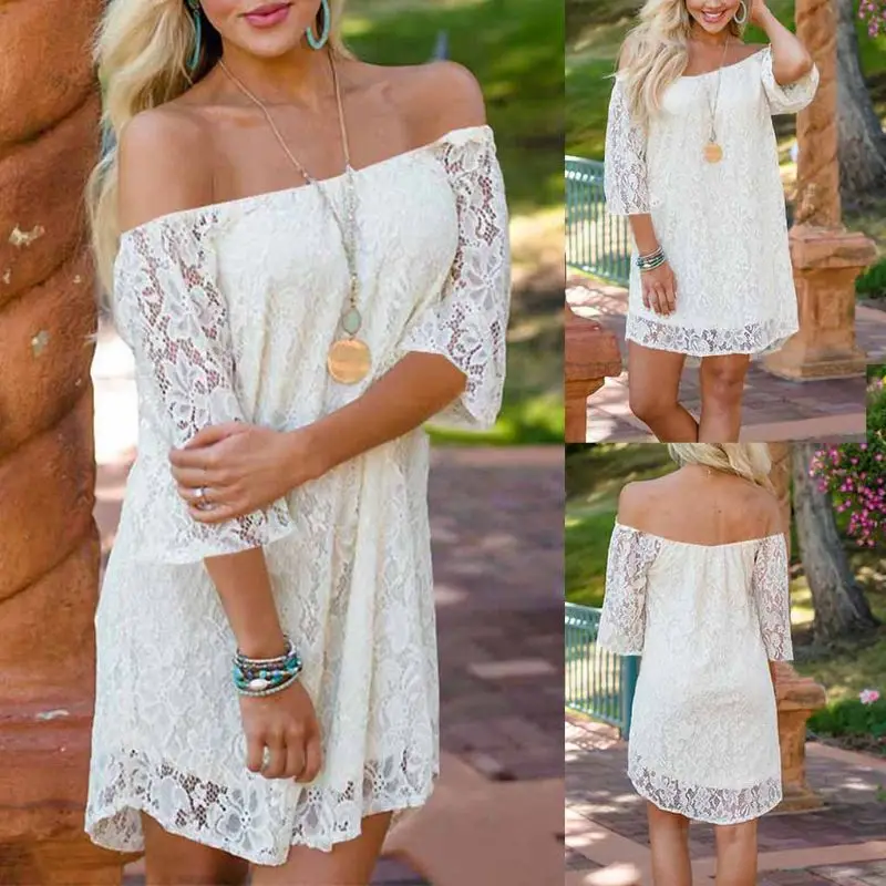 

2021 Women Lace Floral Off Shoulder Loose Summer Beach Party Ladies Mini Dress