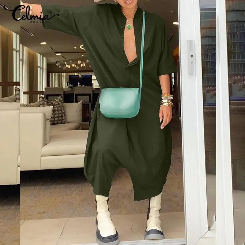 

Осенний комбинезон Celmia в стиле оверсайз с рукавом 3/4, новинка 2022, модный однотонный комбинезон-капри с заниженной мотней, повседневные Свобо...