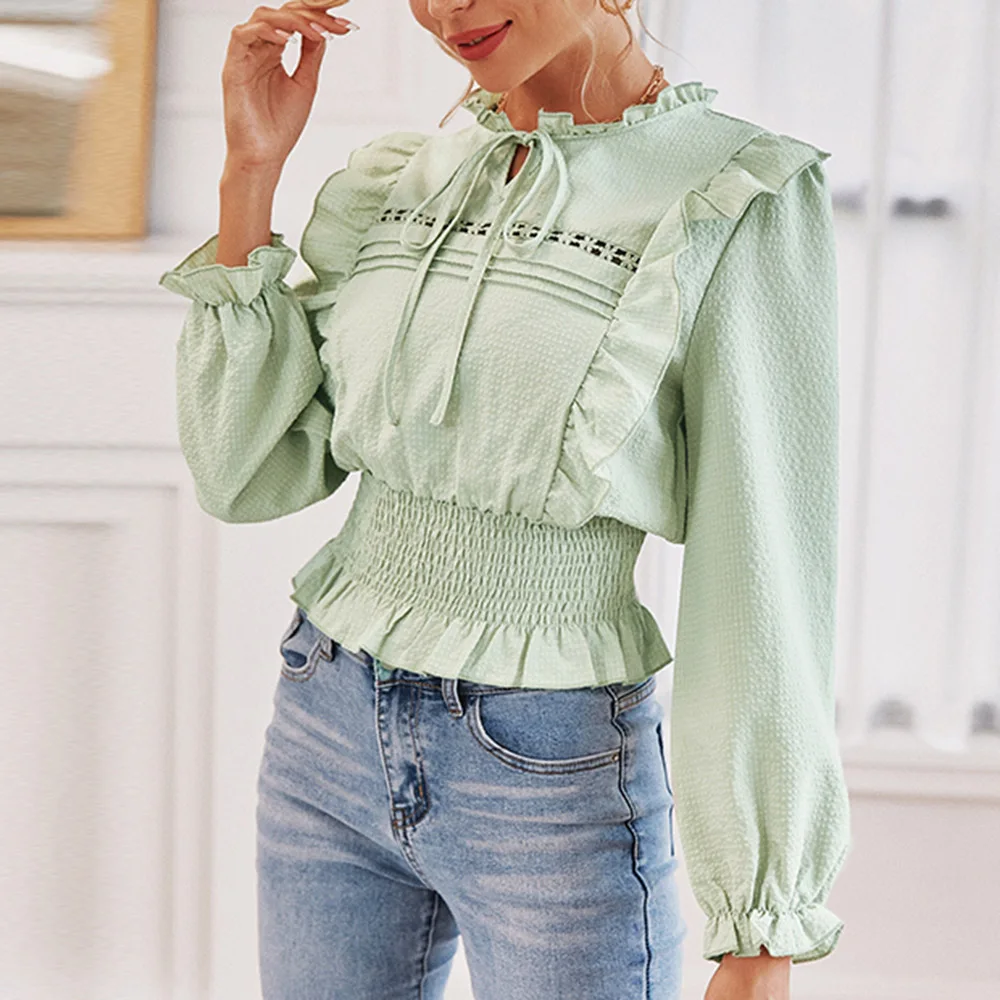 

2021 Slim Office Lady Plain Pleated Stand Collar Flare Sleeve Pullover Stringy Selvedge Ollow Standard Women's Blouse Summer