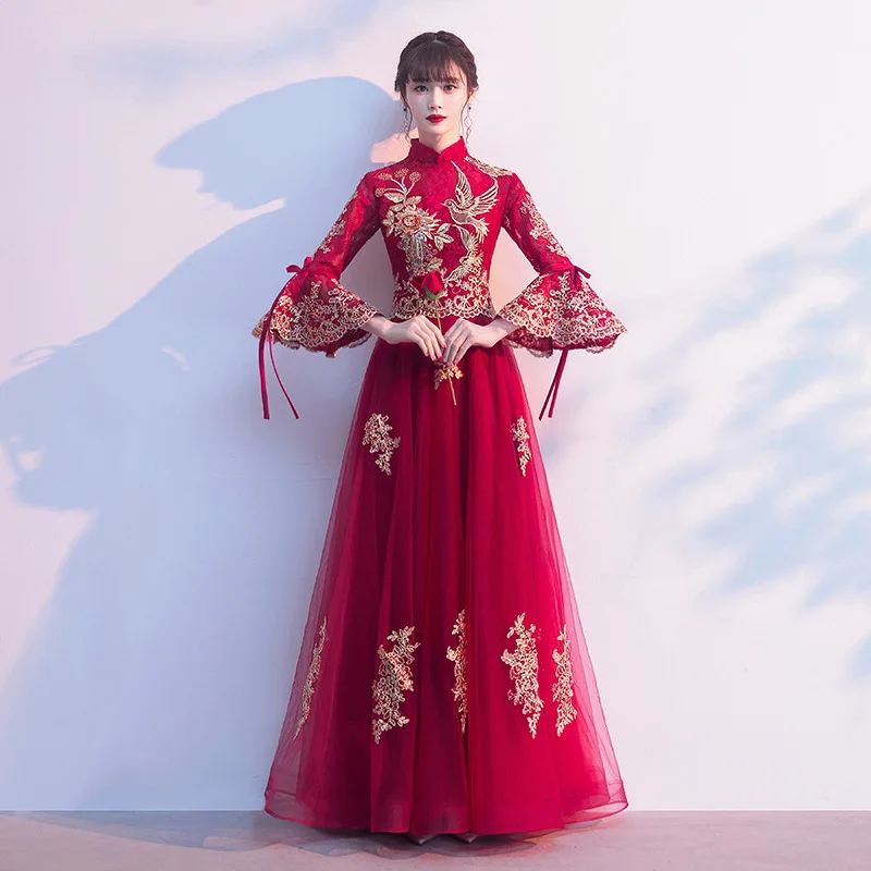 Burgundy Appliques Bride Wedding Party Cheongsam Skirt Elegant Slim Long Mesh Evening Dresses Sweet Flare Sleeve Chinese Dress