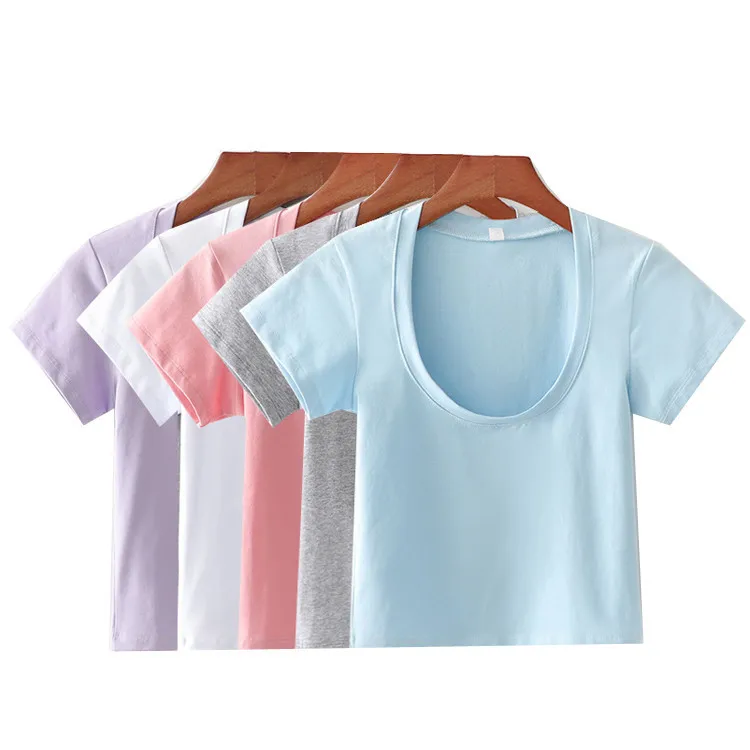 

Summer new casual simple solid color Joker U-neck T-shirt slim slim short navel fashion women's blouse graphic t shirts casual