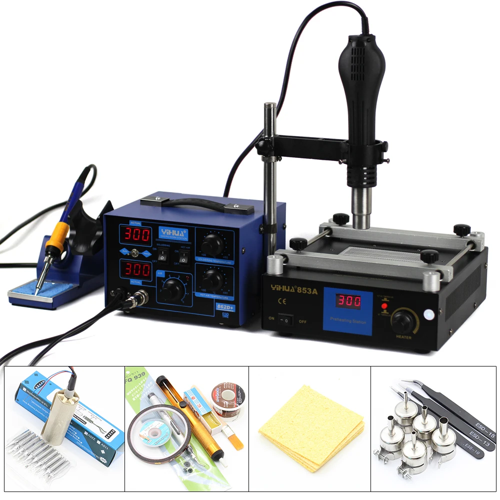 Паяльная станция YIHUA 862D + 2 в 1 650 Вт SMD Тепловая пушка паяльник 60 600 853A паяльная