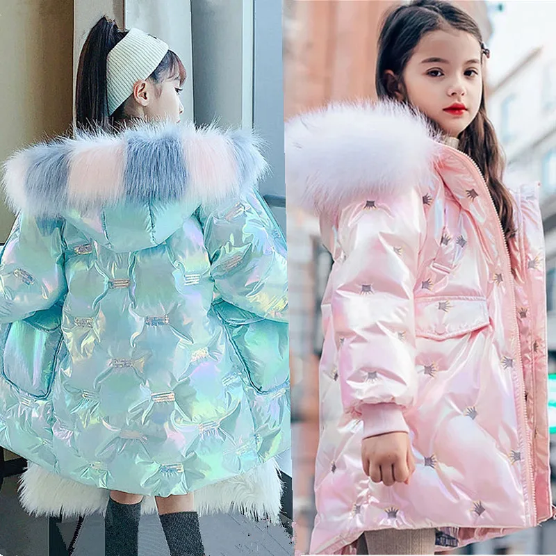 

Christmas coat Teenager kids Winter Jacket For Girls Bright Sequins fur Thicken down jacket Girls Hooded Jackets Outwear Parker