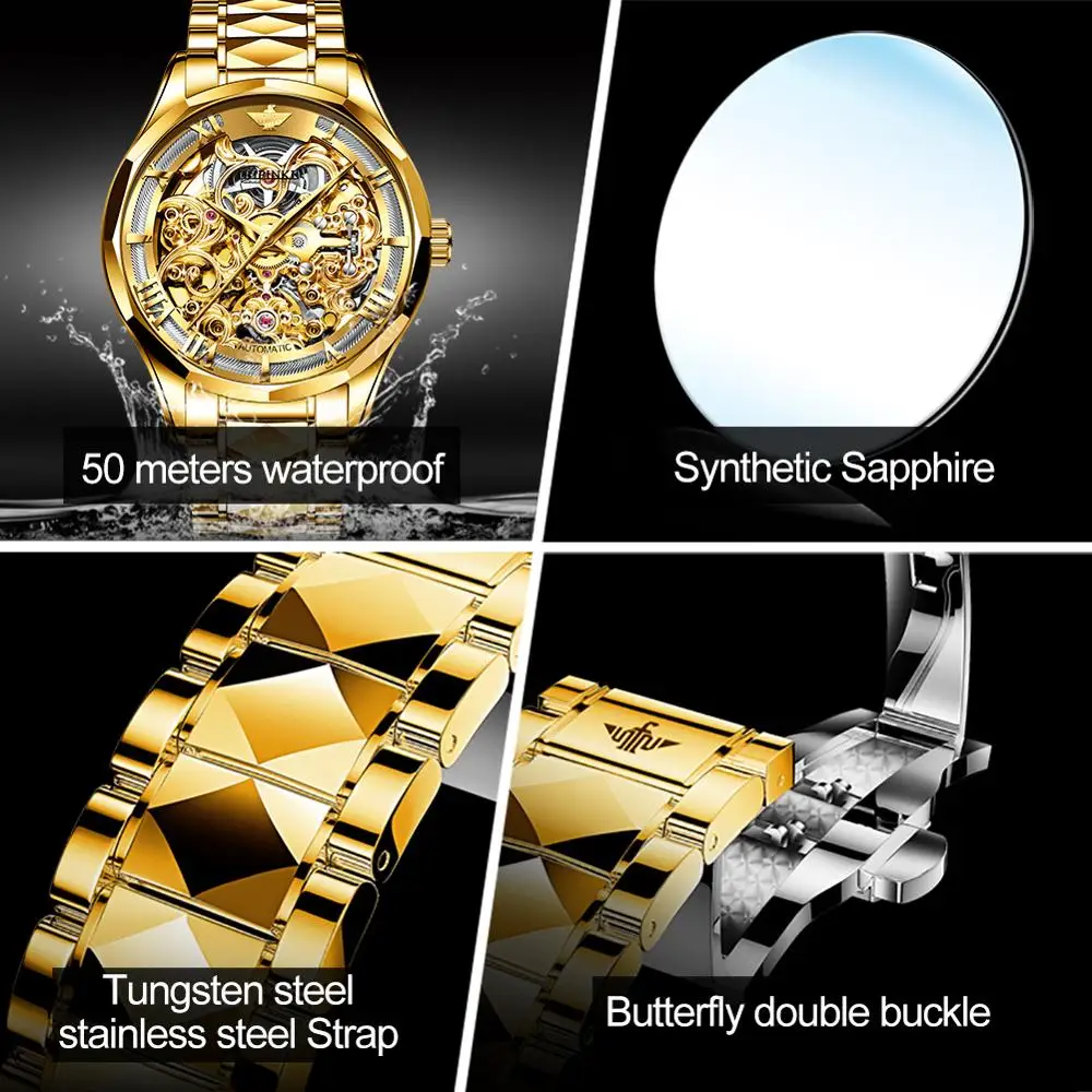 

OUPINKE Top Brand Men's Automatic Mechanical Wristwatch Deep Waterproof Skeleton Stainless Steel Watchstrap Men Watches